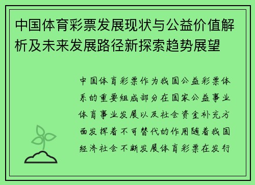 中国体育彩票发展现状与公益价值解析及未来发展路径新探索趋势展望 中国体育彩票发展现状与公益价值解析及未来发展路径新探索趋势展望
